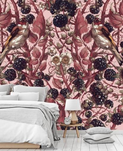 carta da parati con bacche nere e foglie viola carta da parati con bacche nere e foglie viola