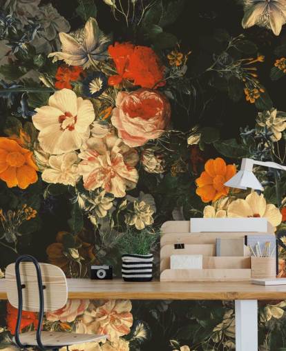 papel de parede de flores laranja e verde escuro papel de parede de flores laranja e verde escuro