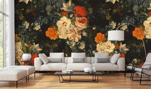 orange and dark green flowers wallpaper