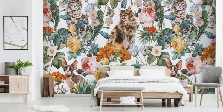 katte og blomster tapet