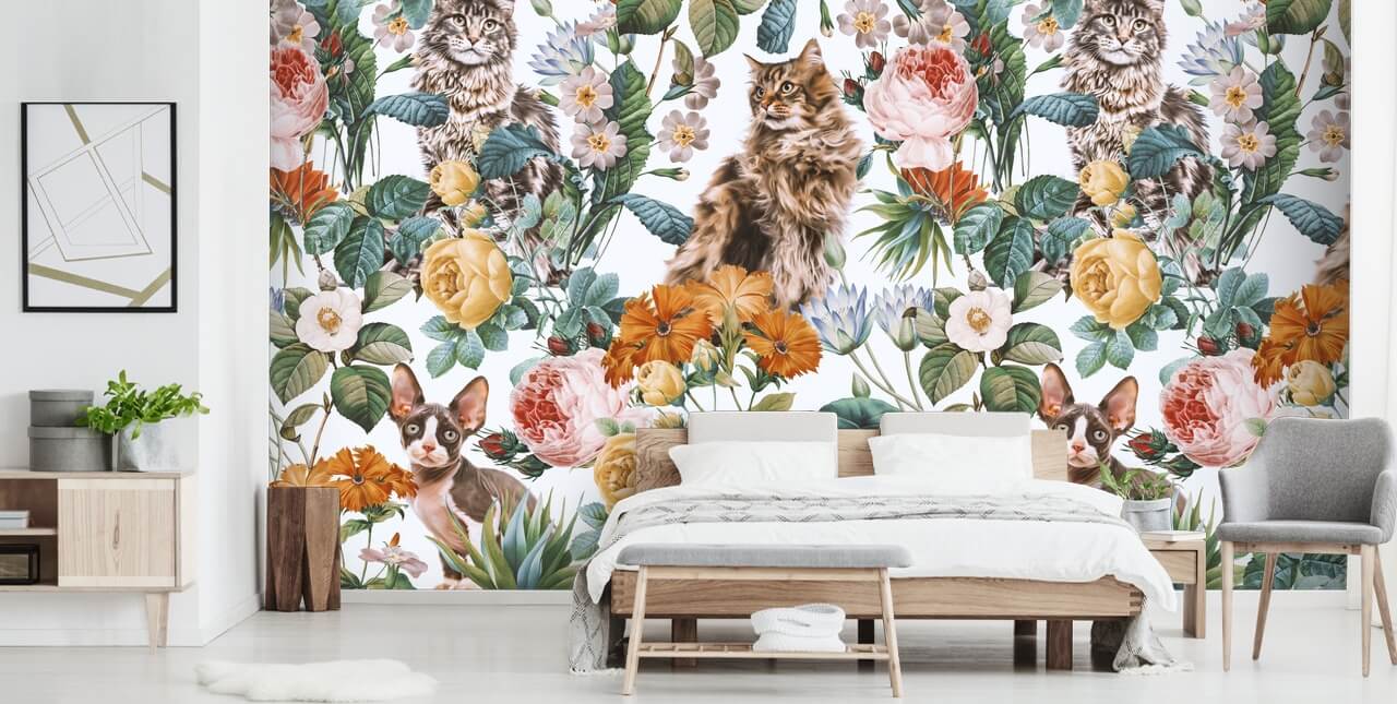 gatos e flores papel de parede