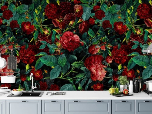 ruby red roses and green leaves wallpaper