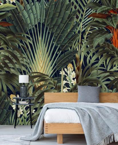 mural de papel de parede de folhas de palmeira verdes e selva floral laranja chamado Palm Jungle de Burcu Korkmazyurek para quartos mural de papel de parede de folhas de palmeira verdes e selva floral laranja chamado Palm Jungle de Burcu Korkmazyurek para quartos