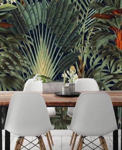 green palm leaves and orange floral jungle wallpaper mural called Palm Jungle by Burcu Korkmazyurek for bedrooms green palm leaves and orange floral jungle wallpaper mural called Palm Jungle by Burcu Korkmazyurek for bedrooms