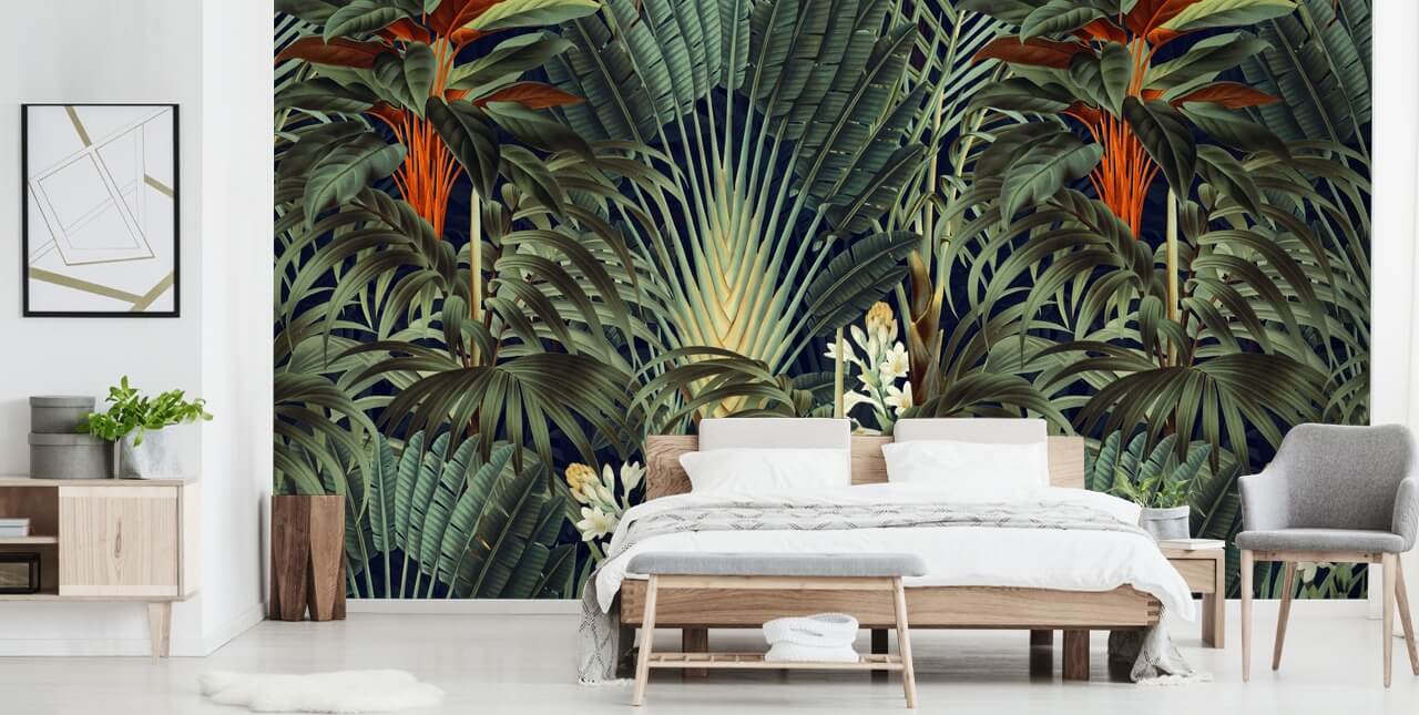 green palm leaves and orange floral jungle wallpaper mural called Palm Jungle by Burcu Korkmazyurek for bedrooms