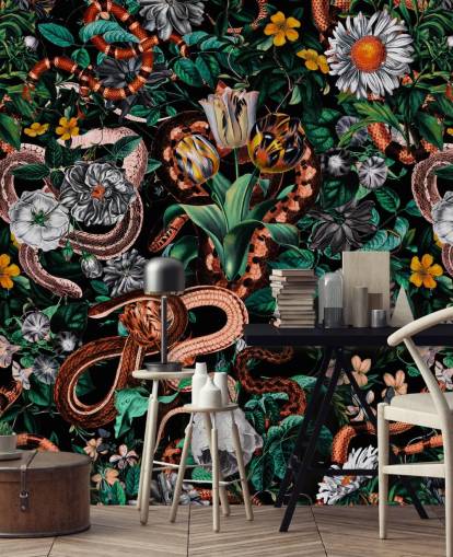 papel de parede floral escuro e padrão de cobra papel de parede floral escuro e padrão de cobra