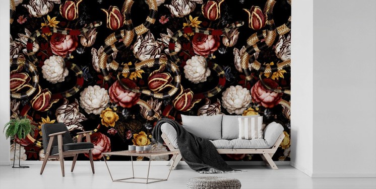 dark floral and snake wallpaper