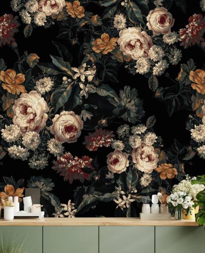 Papel de parede de rosas e flores florais escuras Papel de parede de rosas e flores florais escuras
