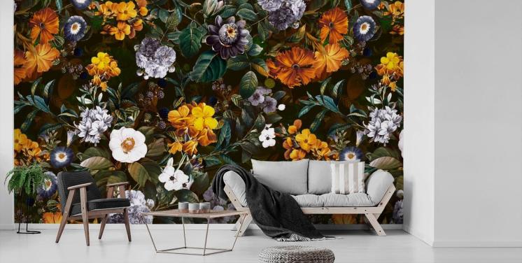 yellow flowers against dark flowers wallpaper