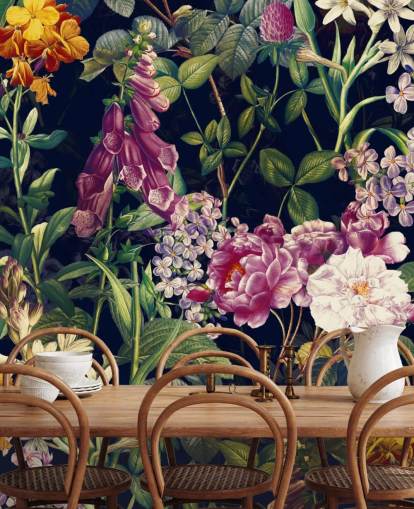 papel pintado de flores oscuras con flores amarillas y moradas papel pintado de flores oscuras con flores amarillas y moradas