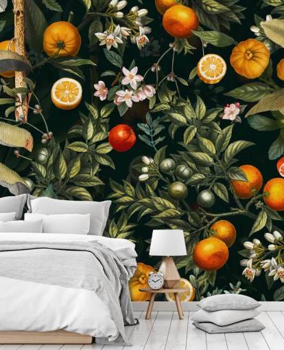 papel de parede botânico escuro com frutas cítricas wallpaper papel de parede botânico escuro com frutas cítricas wallpaper