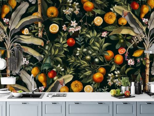 papel pintado botánico oscuro con papel pintado de cítricos
