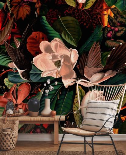 papel de parede de pássaro floral escuro papel de parede de pássaro floral escuro