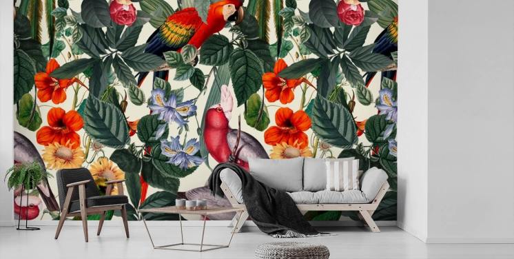 tropical birds and foliage wallpaper