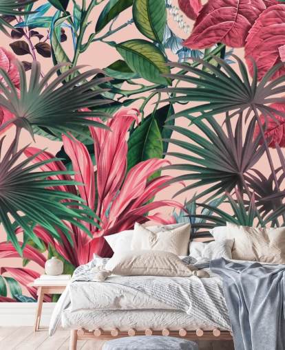 papel de parede da selva de folhas rosa e verdes papel de parede da selva de folhas rosa e verdes