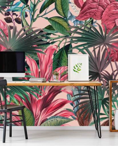 papier peint jungle feuilles roses et vertes papier peint jungle feuilles roses et vertes