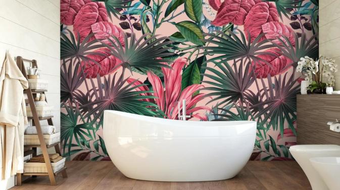 roze en groene bladeren jungle behang