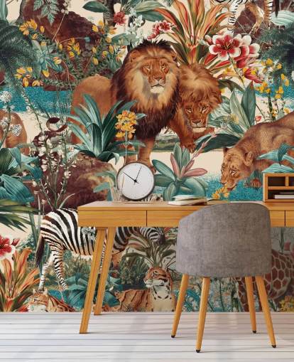 animais safári e plantas tropicais papel de parede animais safári e plantas tropicais papel de parede