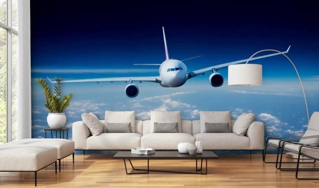 blauw-witte vliegtuigbehangmuurschildering genaamd Passenger Airliner voor slaapkamers en kantoren