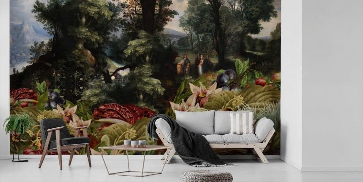 planter, fugl og vintage landskab baggrund tapet
