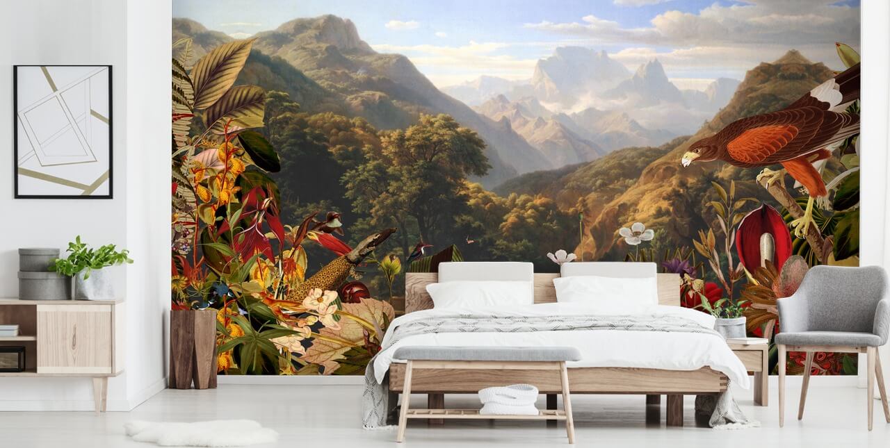tropische Berglandschaft mit Vögel Wallpaper