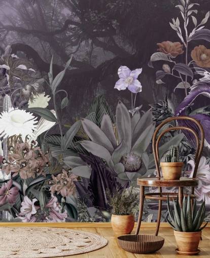 papier peint à fleurs et héron violet papier peint à fleurs et héron violet