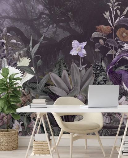 papel de parede roxo floral e garça papel de parede roxo floral e garça