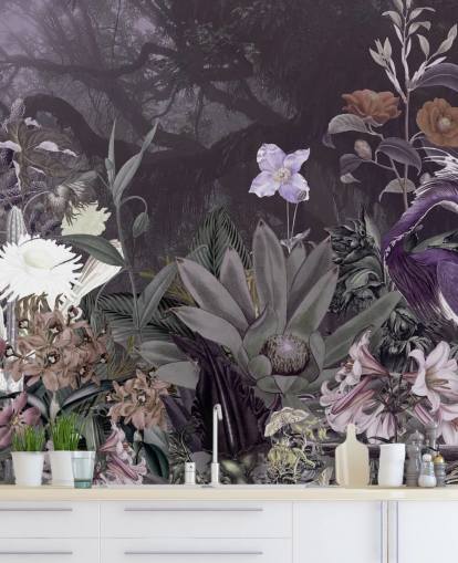 papier peint à fleurs et héron violet papier peint à fleurs et héron violet