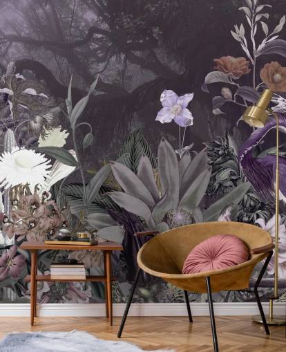 papel pintado de flores y garzas moradas papel pintado de flores y garzas moradas