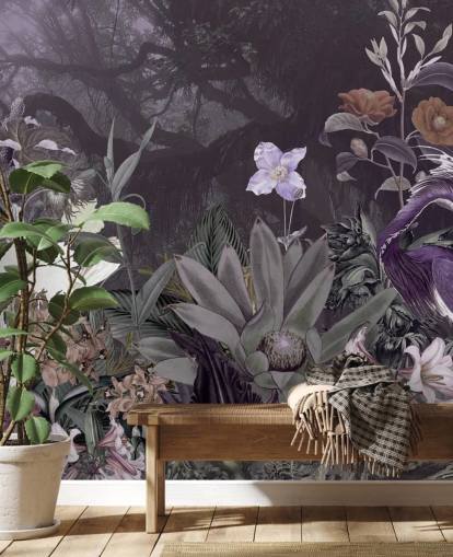 lila Blumen- und Reiher-Tapete lila Blumen- und Reiher-Tapete