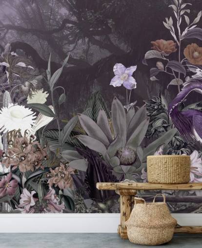 purple floral and heron wallpaper purple floral and heron wallpaper