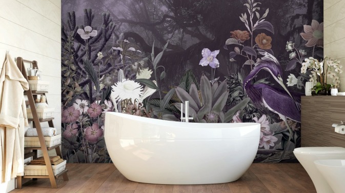 paars bloemen- en reigerbehang