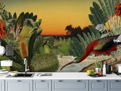 papel de parede de pássaros e paisagens tropicais