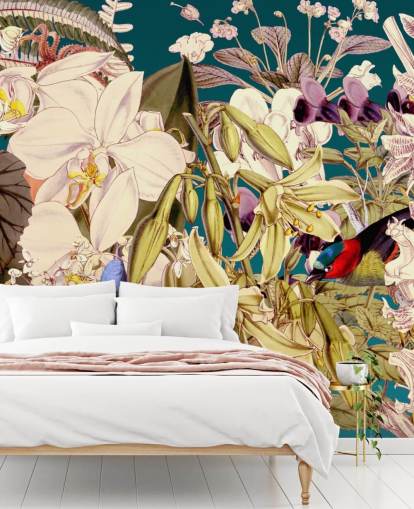 pássaro tropical e papel de parede floral pássaro tropical e papel de parede floral