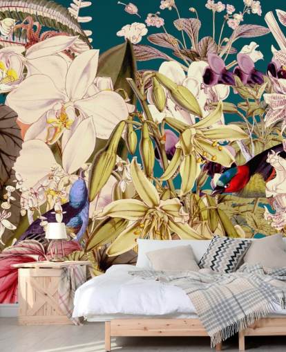 papel pintado de aves tropicales y flores papel pintado de aves tropicales y flores