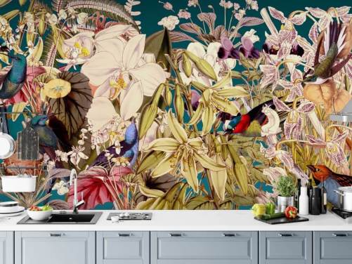 tropischer Vogel und Blumentapete