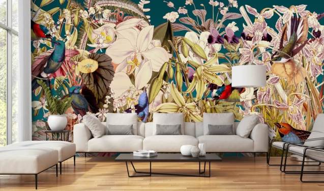 tropical bird and floral wallpaper