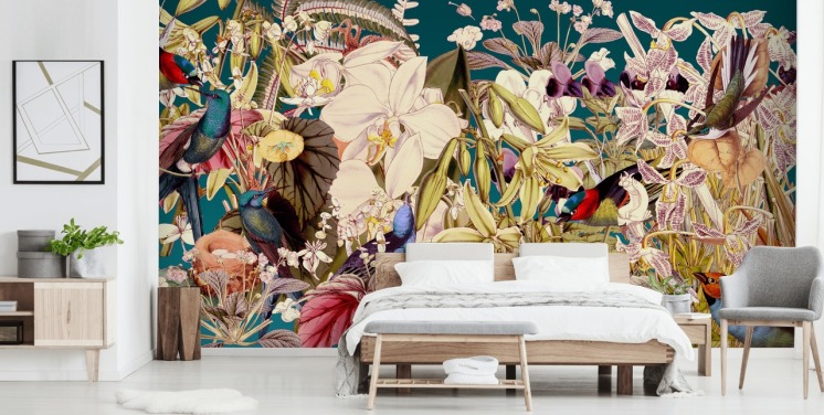 tropical bird and floral wallpaper