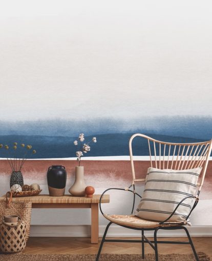 marineblauw, wit en terracotta aquarelbehang marineblauw, wit en terracotta aquarelbehang