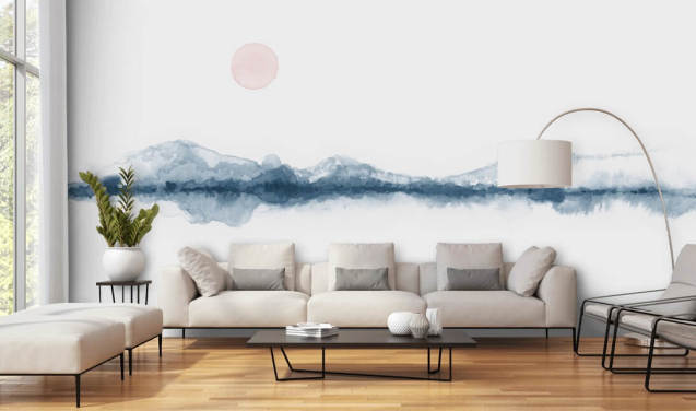 navy, terracotta and white minimal landscape wallpaper