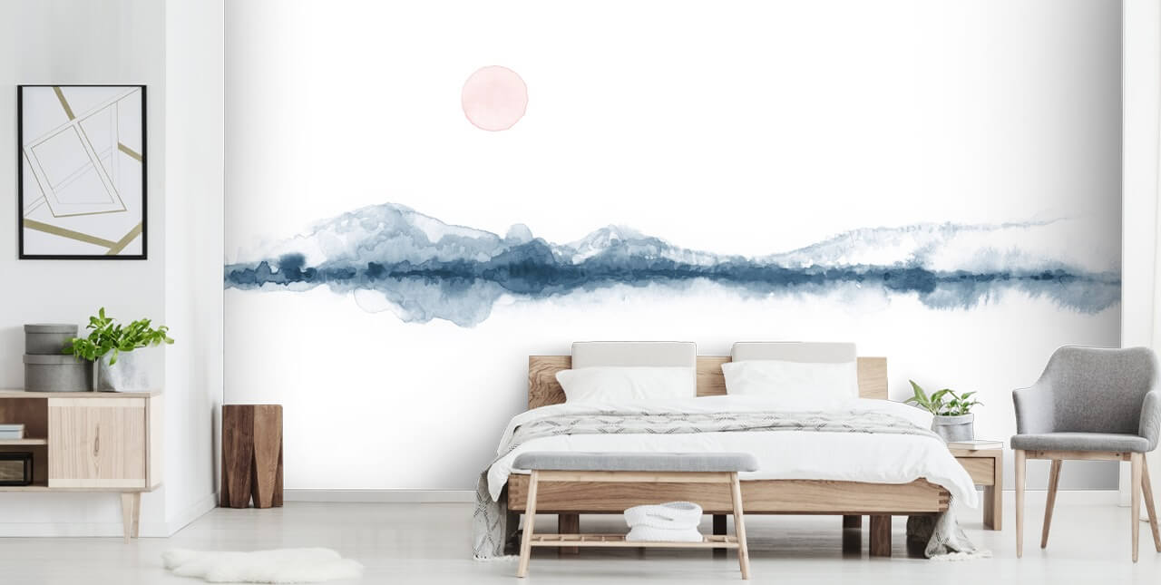 papel pintado paisaje mínimo azul marino, terracota y blanco