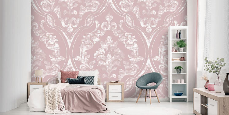 stoffig roze en wit damastbehang