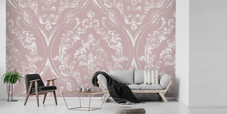 støvet pink og hvid damask tapet