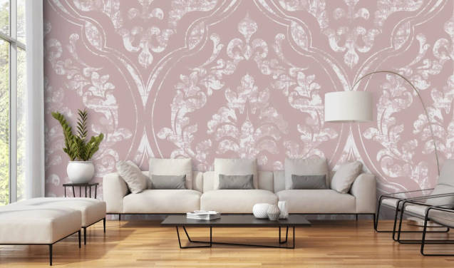 støvete rosa og hvit damask tapet