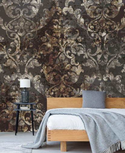 donkere vintage behangmuurschildering genaamd Distressed Dark Damask voor slaapkamers, woonkamers en gangen donkere vintage behangmuurschildering genaamd Distressed Dark Damask voor slaapkamers, woonkamers en gangen