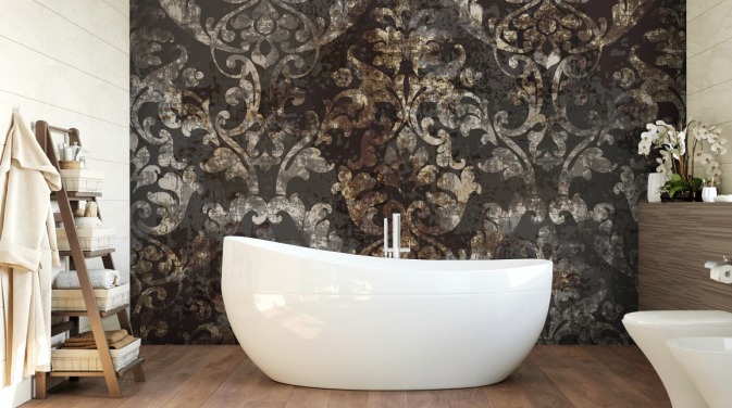 mørkt vintage tapetmaleri kaldet Distressed Dark Damask til soveværelser, stuer og gange
