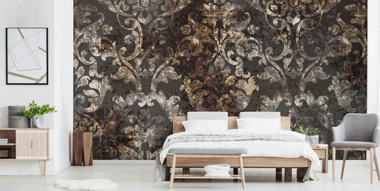 mørkt vintage tapetmaleri kaldet Distressed Dark Damask til soveværelser, stuer og gange