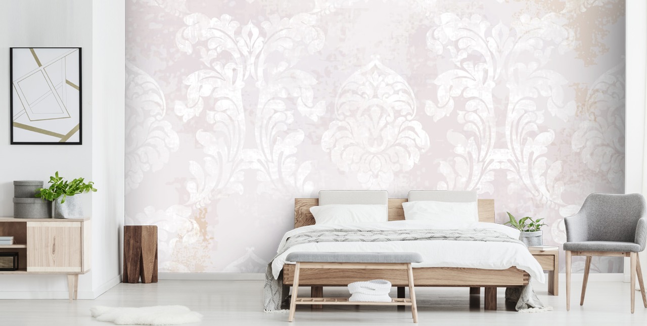 ljusrosa mönster tapetväggmålning kallad Barock Damask för sovrum, vardagsrum och kök