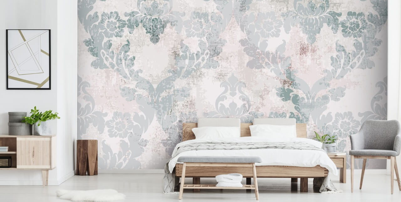 lysegrøn og grå damask tapet