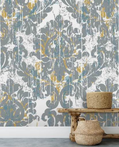 grey and gold vintage wallpaper mural called Grunge Damask for bedrooms, living rooms and kitchens grey and gold vintage wallpaper mural called Grunge Damask for bedrooms, living rooms and kitchens